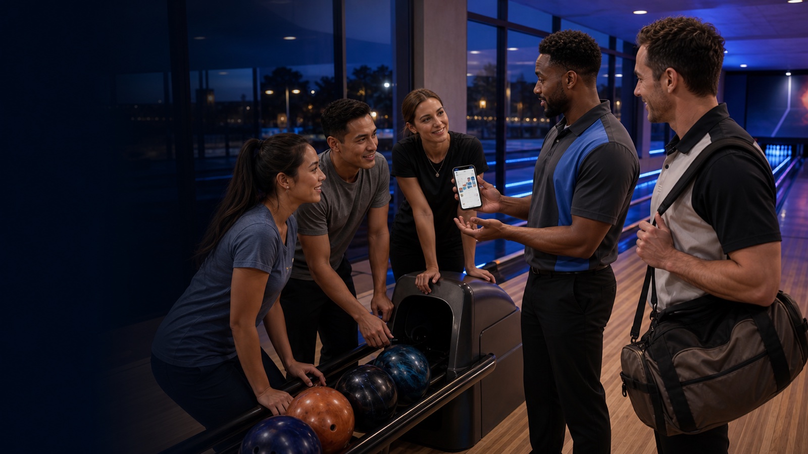 Adult bowling captain coordinating teammates and an arriving substitute at a bowling center